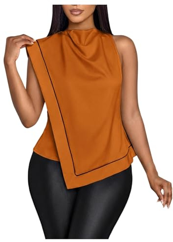 OYOANGLE Women's Wrap Draped Front Dress Shirt Sleeveless Cowl Neck Blouse Asymmetrical Hem Tops Rust Brown Large