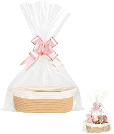 Cesta de Presentación Vacía,Cesta Trenzada con Bolsa de Regalo y Cinta,Cesta de Almacenamiento para Pascua,Baby Shower,Cumpleaños,Boda,Navidad(Caqui)