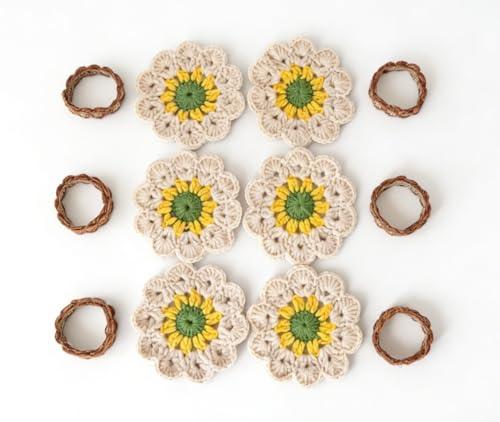 Altoriner Set of 4 Handmade Rustic Napkin Rings and Woven Coasters,Jute Boho Napkin Rings and Knit Boho Coasters for Desk,which Suitable for Table Settings, Weddings, and Kitchen Decor (4, Coffee)