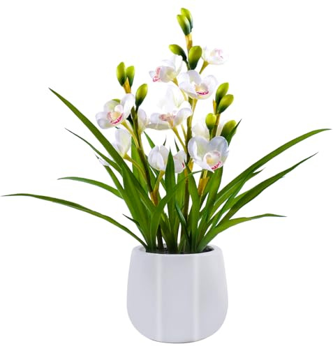 BTHM DSGN Artificial Orchid Flowers Fake Cymbidium Plant in Pot, 19 Tall Faux Orchids for Home Decor Indoor, Lifelike Silk Flowers for Centerpieces Office Arrangement-White