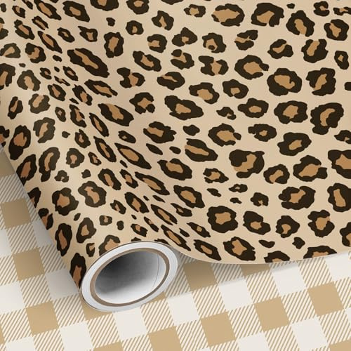 Neloheac Rotolo Carta da Regalo Leopardo Marrone Reversible Quadri, 43 cm x 10 m, Ideale per Compleanni di Ragazze Donne, Festa della Mamma, San Valentino, Bridal Shower, Matrimoni