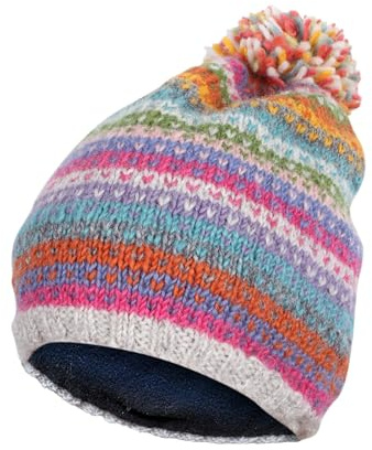Pachamama Berretto da donna in lana con pompon foderato a mano a pois a righe multicolore, taglia unica, fatto a mano, extra caldo, commercio equo e solidale, multicolore, Taglia unica