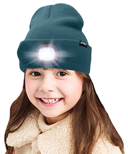 ATNKE Niños LED Gorro con luz, Recargable por USB 4 Faros LED Impermeables Calentadores de Invierno Sombreros niños y niñas/Olive Green