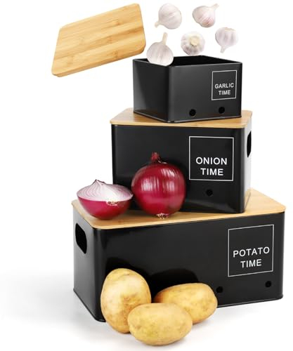 Lannvan Kartoffel Aufbewahrungsbox [3er Set] - Kartoffeln, Zwiebeln und Knoblauch Aufbewahrung mit Lüftungslöchern - Hält Gemüse Länger Frisch - Kartoffeltopf Zwiebeltopf und Knoblauchtopf - Schwarz