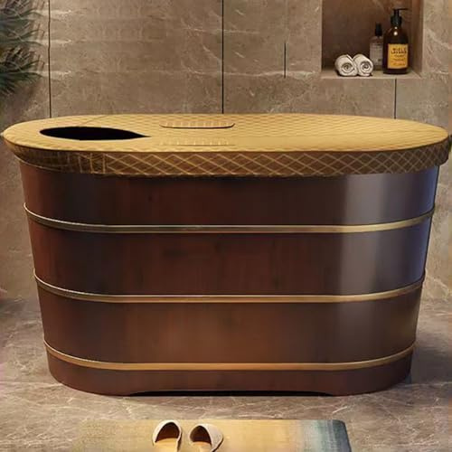 MegLob Luxury Wooden Freestanding Bathtub, Compact Solid Wood SPA Deep Soaking Tub Lit, Cedar Wood Soaker with Tub Stool, Mobile Bathtub for Tiny Small Bathroom, Pop-Up Drain,120cm/47.24,With lid