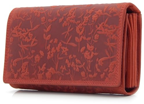 ekavale Portemonnee für Damen mit Blüten Muster RFID-Schutz, Leder Geldbörse Langformat mit Druckknopf (Rot)