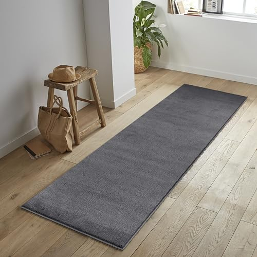 Jimri Flauschiger Teppich Läufer - Hochwertiger Kurzflor für Zuhause, Büro, Küche, Eingang, Flur, Wohnzimmer - Maschinenwaschbar - Rutschfester Teppich Waschbar - 80x250 cm - Anthrazit