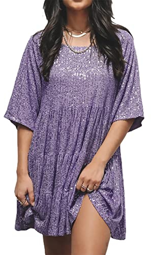 Qianderer Damen-Minikleid mit Pailletten, kurzärmelig, lässig, glitzernd, Tunika, T-Shirt, Kleid, gestuft, Party, Club, Disco, Tanz, Minikleider, violett, M