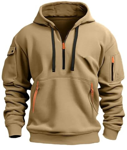 MEDUOLA Herren Kapuzenpullover Sweatshirt mit Reißverschluss Jungen und Herren Sweatshirt mit Reißverschluss Multifunktionelle Tasche Sweatshirt mit Kapuze Jogging Pullover XXL,Khaki