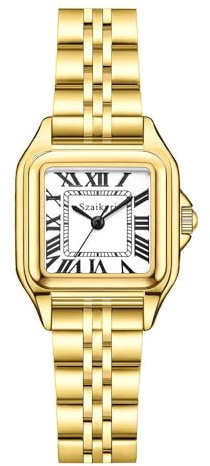 Szaikyri Klassisches Quadrat Damenuhr mit römischen Ziffern Damenkleiduhren Armbanduhr Damen (Gold White)