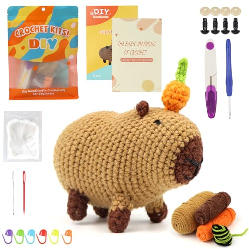 ROYUEXT Crochet Kits for Beginners Kids DIY Knitting Kit for New Starter with Step-by-Step Video Tutorials, Cute Capybara Crochet Complete Set, Crochet Animal Kit for Adults Beginners Kids (Brown)