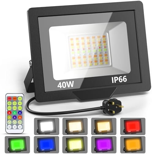 Draome RGBW LED Flood Lights Outdoor 40W, Colour Changing Flood Lights Dimmable with Remote Control and Cycle Timer, IP66 Waterproof Design, Perfect for Gardens, Landscapes and Stages. UK 3-Pin Plug