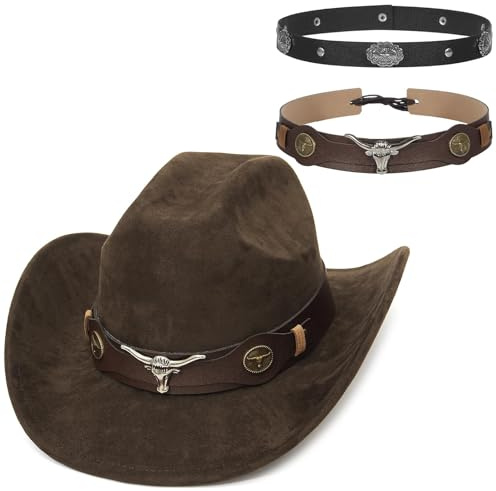 GEMVIE Chapeau de cowboy en cuir velours, deux types, à large rebord, chapeau western pour hommes et femmes, unisexe, vintage, chapeau western, Café, 56/58 cm