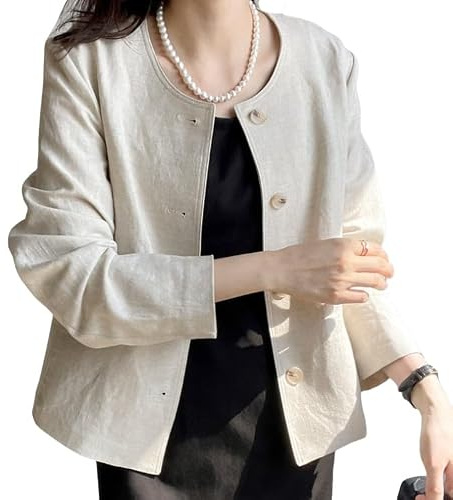Veste en Lin pour Femme, Cardigan Printemps-Été, Blazer Léger en Lin avec Boutons, Cardigan À Manches Longues, Haut Décontracté