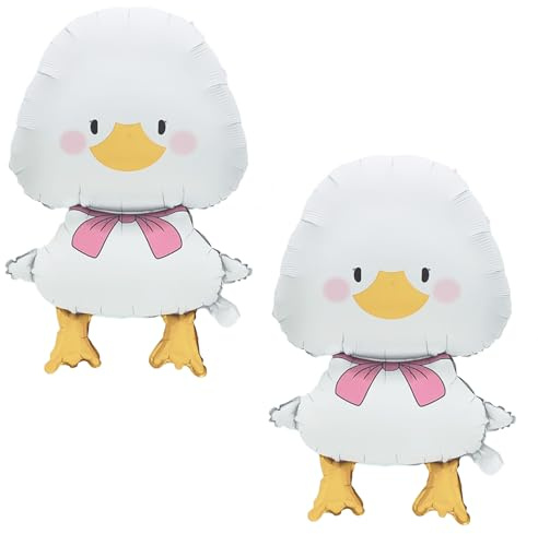 Koboko Globos de papel de aluminio con diseño de patos blancos con lazo rosa, decoración de fiesta, juego de 2 unidades con cinta