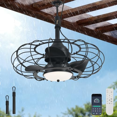 AHAWILL 20 Black Outdoor Ceiling Fan with Light and Remote/APP,3CCT 6 Speed Gazebo Fan Outdoor Hanging Hook,IP65 Waterproof Plug in Ceiling Fan for Patios, Garage, Porch, Pergola,Canopy