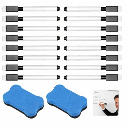 16 stycken whiteboard markeringspennor, magnetisk, svart foliepenna, avtorkbar med 2 blå suddgummi, fin spets, markeringspennor för hem, skola, kontor, whiteboard-markeringspennor (11,5 x 1,2 cm)