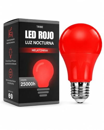 Luz Roja Nocturna Melatonina – Bombilla LED Roja E27 para Dormir – 0% Luz Azul y sin Parpadeo (Anti-flicker) – 1800 Lúmenes – Mejora del Ritmo de Descanso e Ideal para Leer – 7W 630nm 25.000 Horas