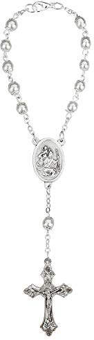 MaMeMi AUTOROSENKRANZ Silber – ca. 17 cm – mit CHRISTOPHORUS, KRUZIFIX & VERSCHLUSS – Zehner-Rosenkranz für Rückspiegel/Innenspiegel – GESCHENK FÜR AUTOFAHRER, Italien