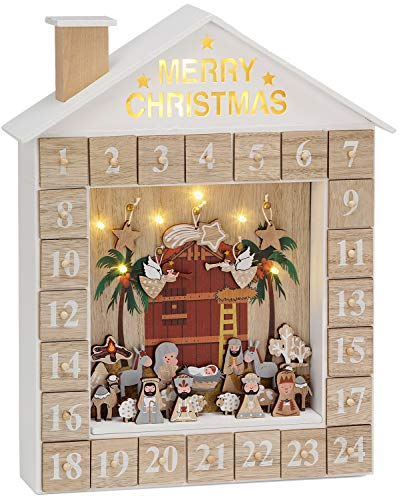 BRUBAKER - Calendrier de l'Avent Lumineux - 24 Tiroirs à remplir - Maison avec Crèche de Noël - Décoration de Noël en Bois - Éclairage LED - 31,5 x 38,2 x 6,3 cm - Blanc