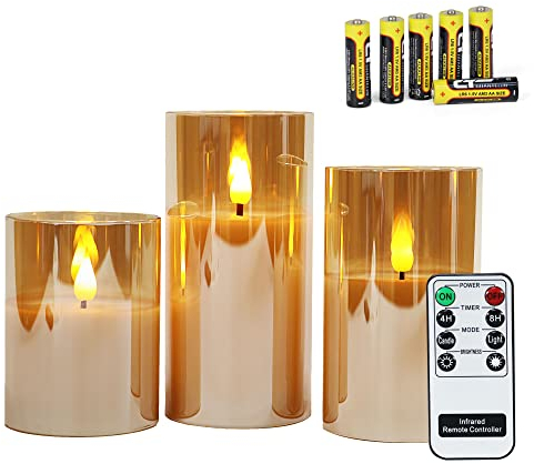 Rhytsing Gold flammenlose Kerzen im Glas, 3 Glaswindlichter mit Fernbedienung und Timerfunktion, warmweiße Licht mit Batterien enthalten