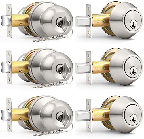 Probrico 3 Pack Exterior Door Knob and Single Cylinder Deadbolt Lock Combo Set, Brushed Nickel Front Door Handle with Lock and Key, Keyed Alike