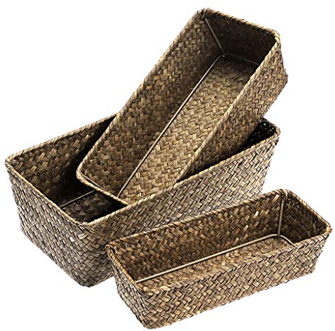 Sumnacon Set of 3 Natural Seagrass Natural Nesting Storage Baskets Handwoven Wicker Storage Bin Home Dried Flower Organizer Bins Countertop Baskets for Pantry Bread and Fruit Serving (Coffee)