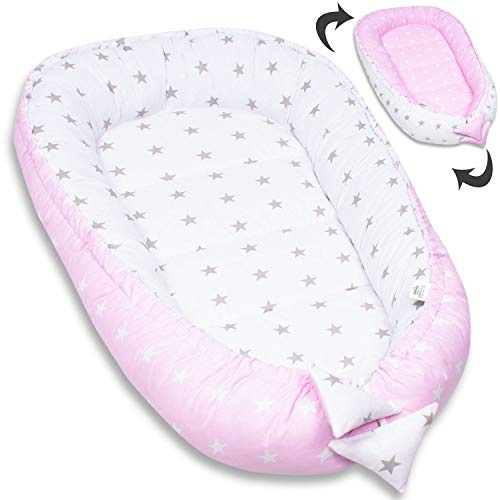 PaLulli nido bimbo nido 50x90 cm bozzolo, 2 lati, 100% cotone, nido per lettino, nido per coccole, cuscino, lettino da viaggio per neonati e bambini (stelle D)