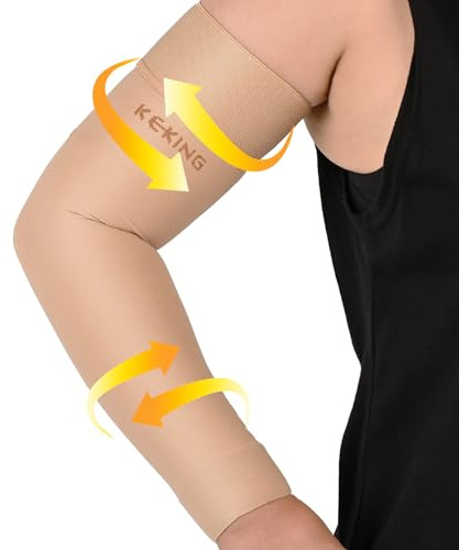 KEKING® Lymphedema Compression Arm Sleeves with Silicone Band for Men Women (Pair), 15-20 mmHg Compression Full Arm Support for Lipedema, Edema, Post Surgery Recovery, Swelling, Pain Relief, Beige M