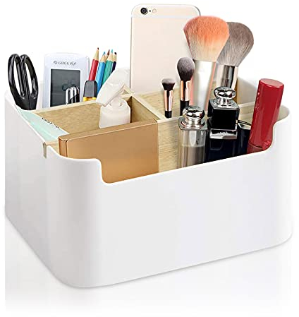 JOKILY Schreibtisch Organizer, 5 Fächer Bambus Büro Organizer mit Stifthalter, Stifte Organizer, Stiftehalter, Aufbewahrungsbox Desk Organizer für Stifte, Kosmetika,Kleine GegenstäNde (Weiß)