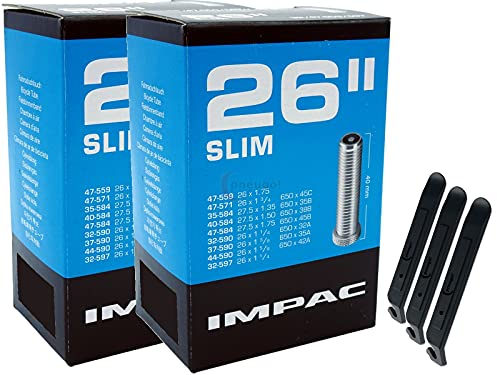 pneugo! Set 2 x Impac Fahrradschlauch 26 Zoll Autoventil 32-590/47-584 (Slim) + 3 Reifenheber