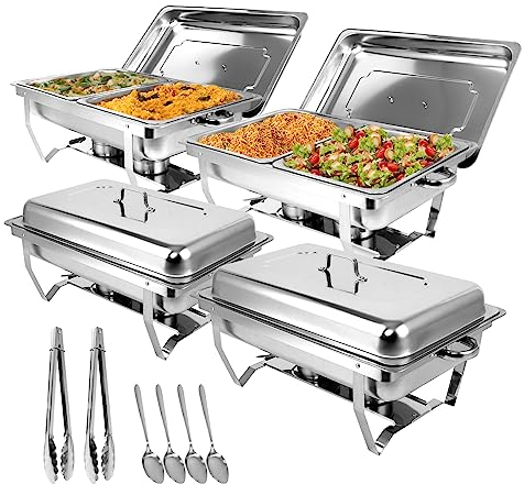 Snowtaros Calentador de Alimentos Bufé, Servidor de Calentador Buffet, Chafing Dish de Acero Inoxidable para Buffet con Pinzas y Cucharas para Fiestas, Catering, Banquetes (4 Unidades, 8 x GN 1/2)
