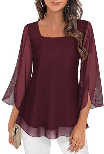 Syphiby Women Tops for Wedding, Ladies Tops Size 18 UK 3/4 Sleeve Dressy Tops for Night Out Square Neck Flowy Business Casual Chiffon Blouses Cute Chic Solid Long Shirts for Leggings Wine Red XL