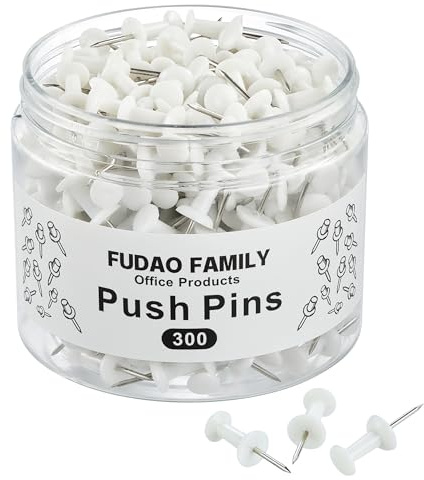 FUDAO FAMILY 300pcs Push Pins for Bulletin Board, Thumb Tacks for Wall Corkboard, Map Pins - Home Office Craft Projects Plastic Head Steel Push Pin (White)