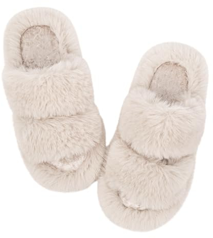 Wostock Zapatillas de Estar por Mujer Felpa Punta Abierta Chanclas Pantuflas de Casa Cómodos Calentitas Plano Suela de Goma Antideslizante Zapatos Interior