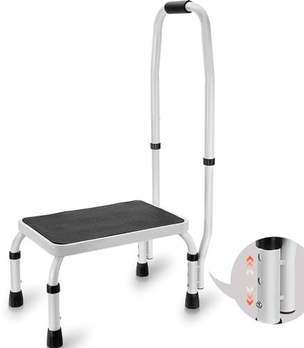 VEVOR Taburete con Escalón Carga de 150kg Taburete con Escalera de Acero 3 Alturas Ajustables con Asa Taburete Portátil Antideslizante para Niños Pequeños, Adultos, Oficina, Autocaravanas, Baño, Hogar