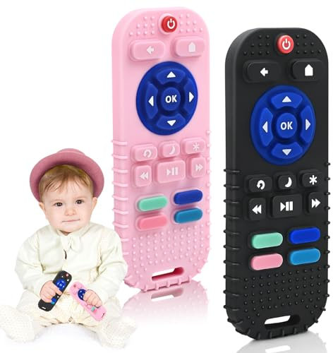 Zahnen Beißringe Spielzeug für Babys 3-6-18 Monate Geschenke, Fernbedienung Baby Zahnungshilfe für 3 6 9 12 Monate Kleinkind Autismus, Lebensmittelqualität Silikon Badespielzeug, Schwarz & Grau