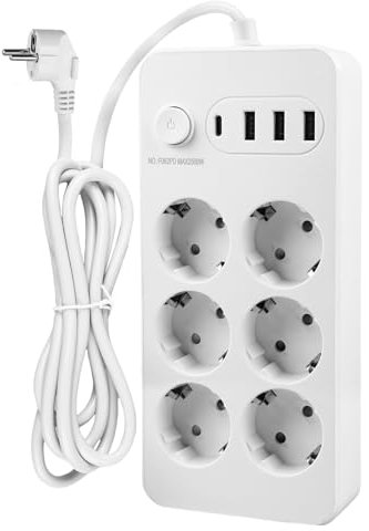 Steckdosenleiste USB Mehrfachsteckdose mit Schalter, 6-Fach Steckdosenadapter USB Steckdose Überspannungsschutz 2500W 10A Mehrfachstecker mit USB C Verteilersteckdose für Zuhause Büro, 2 m Kabel