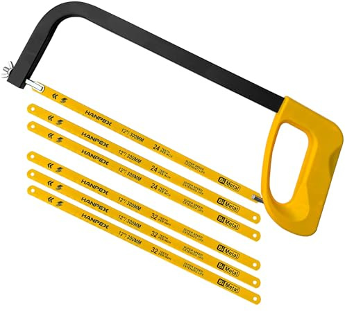 Hanpex Telaio per seghetto da 300 mm ad alta tensione con 5 lame bimetalliche extra, sega a mano adatta per metallo, legno, PVC, carpenteria
