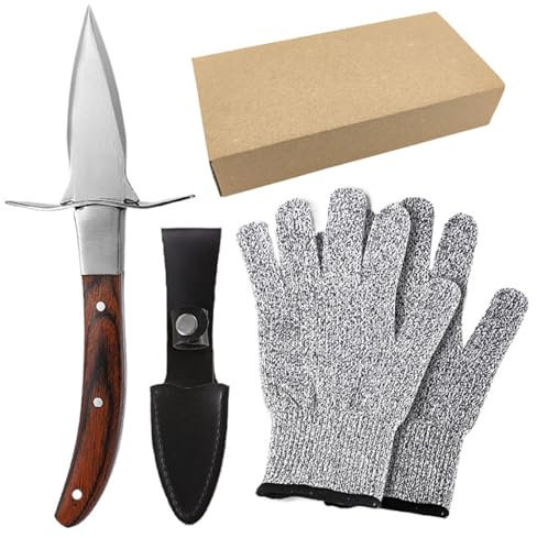 Oyster Knife Set and Gloves; with PU Knife Cover and Cut Resistant Level 5 Protection Gloves; Clam Oyster Shucker Knives With Comfort Wood-handle; for Oyster Shucking; Fish Scaler Removing ect.