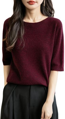 Chanyarn Femme 100% Lain Merino Manches Courtes Pull 2025 Printemps Été Hiver Doux Chaud Col Ras du Cou sans Couture Tricot Pull (Dark Red,L)