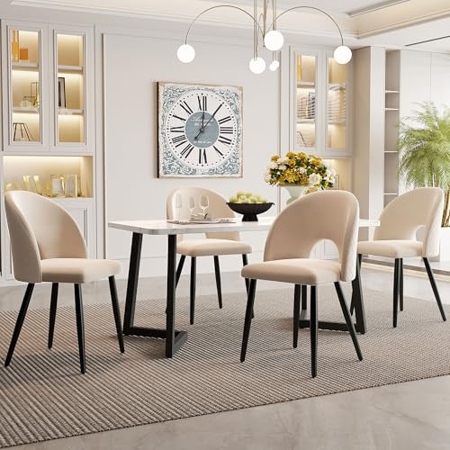 Crlnaup Matgrupp, set 117 x 68 cm matbord med 4 stolar), rektangulärt matbord, modernt köksbordsset, sammet matstol med diamantmönster, justerbara stolben, beige sammet, svarta bordsben