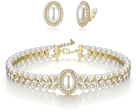 Ever Faith 1920 Pearl Jewellery Set, Vintage Art Deco Rhinestone Crystal Faux Peals Choker Necklace Clip On Earrings Costume Statement Bridal Wedding Party Jewellery Gifts for Women