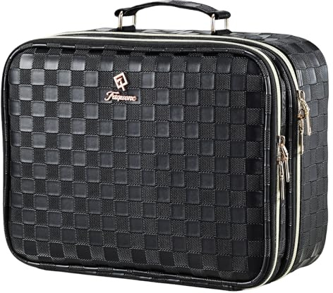 Makeup Bag with LED Lighted Mirror 12.2 IN Cosmetic Train Case Double Layer Makeup Case Adjustable Brightness in 3 Colors Cosmetic Organizer Artist Storage with Brush Holder Vanity Black Checkerboard