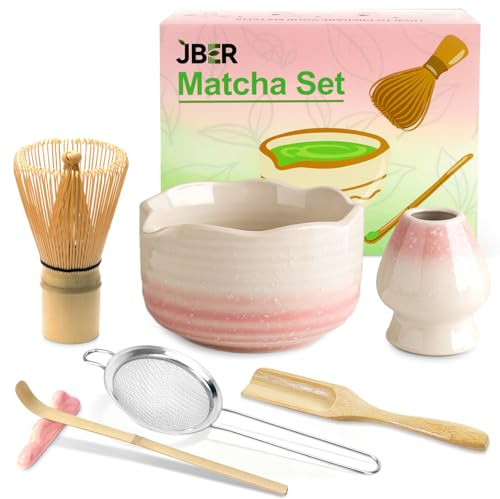 JBER Matcha-set Rosa, Matcha-besensett 7-delat – bambusbesen, matchaskål med utgjutare, sil och tillbehör, perfekt för matcha-älskare, färgövergång rosa