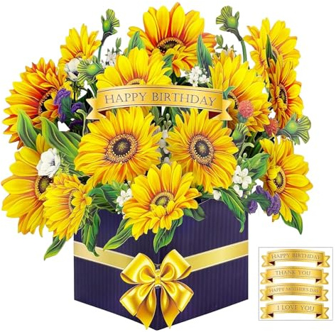 Pop Up Birthday Cards for Women - Sunflower 3D Birthday Cards for Women with Envelope - Greeting Card for Mum, Sister, Daughter, Wife - Flower Bouquet Card for Mother’s Day, Anniversary, Thank You