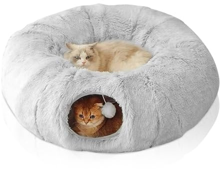 RNPKZ Tunnel per Gatti con Tappetino Centrale, Tunel per Gatti Grandi con Palla Giocattolo Appesa,Letto a Tunnel per Gatti,Tunnel Rotondo per Gatti,Morbido Nicchie e Casette con Due Ingressi (85×26cm)