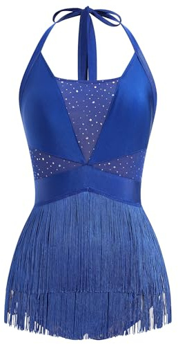 EFOGEP Costume de danse latine pour femme - À paillettes - À franges - Body scintillant - Maillot de danse - Dos nu - Tangos - Salsa Jazz - Tenue acrobatique, bleu, XS
