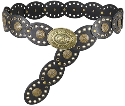 WERFORU Concho bälte för kvinnor brett boho västernbälte boho midjebälte för klänningar kjolar och jeans, A-svart, 120 cm(für Taillenumfang unter 109 cm)