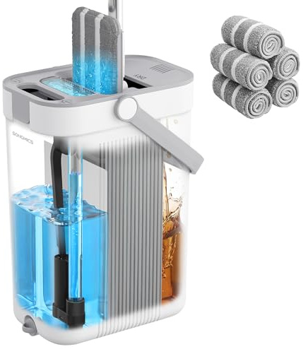 SONGMICS Juego de Fregona y Cubo, Separación de Agua Limpia y Sucia, 3 Compartimentos con Escurridor, Fregona Plana, Cabezal de 360°, 5 Paños de Microfibra, Blanco y Gris LMB001WT05